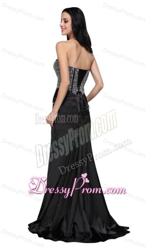 Column Black Sweetheart Beading Chiffon Brush Train Prom Dress