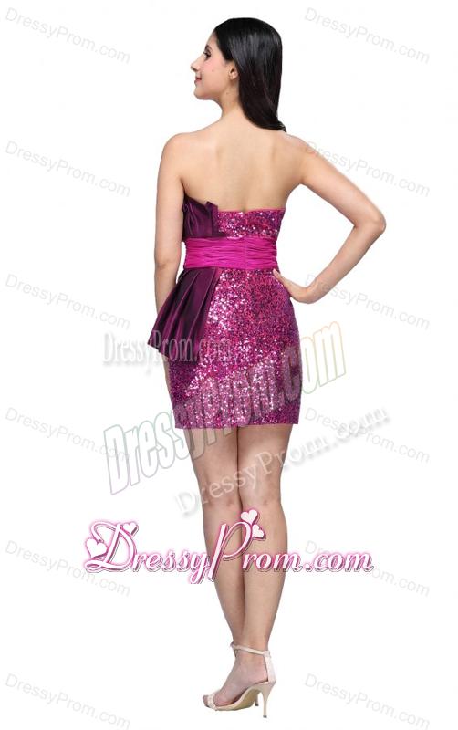 Column Fuchsia Strapless Sequins Ruching Short Prom Dress