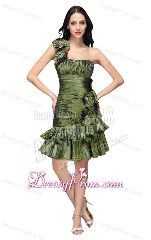 Column Olive Green One Shoulder Hand Made Flower Ruching Prom Dress