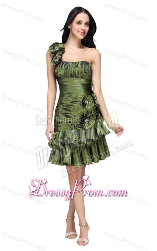 Column Olive Green One Shoulder Hand Made Flower Ruching Prom Dress
