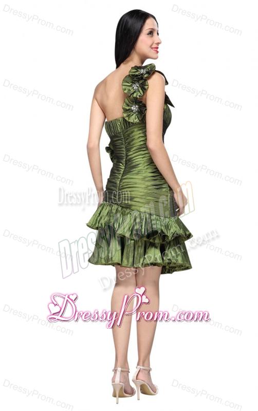 Column Olive Green One Shoulder Hand Made Flower Ruching Prom Dress