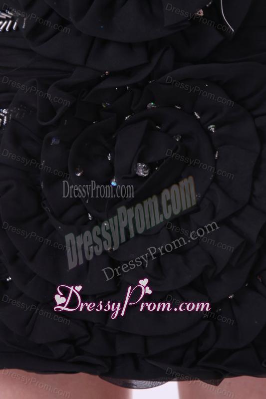 Column One Shoulder Hand Made Flowers Mini-length Black Prom Dress