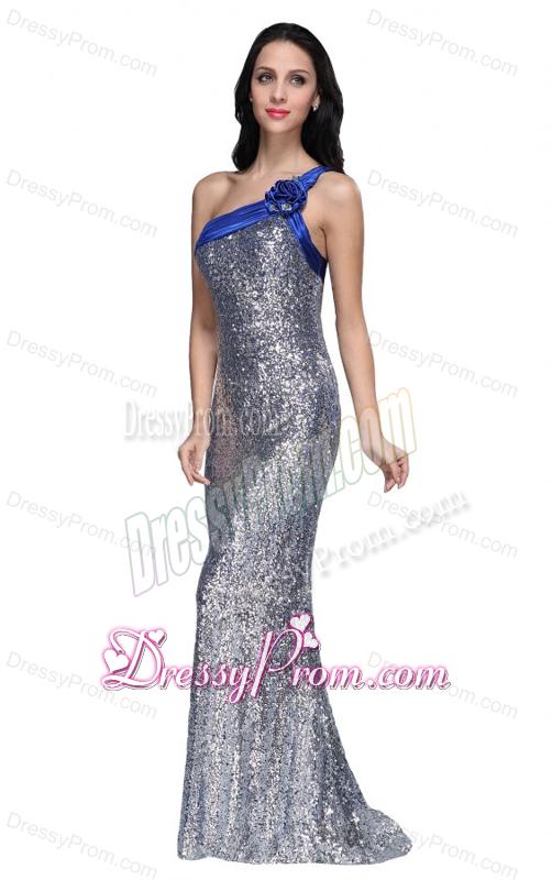 Column One Shoulder Silver Sequins High Slit Brush Train Prom Dress