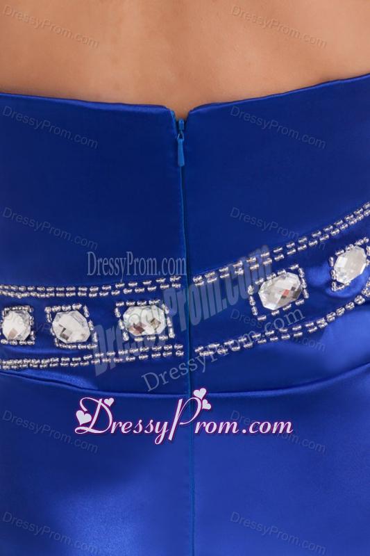 Column Strapless Mini-length Blue Taffeta Beading Prom Dress