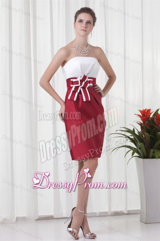 Column Strapless Red and White Mini-length Ruching Prom Dress