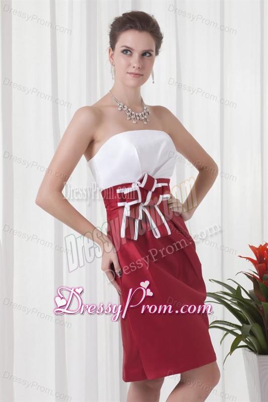 Column Strapless Red and White Mini-length Ruching Prom Dress