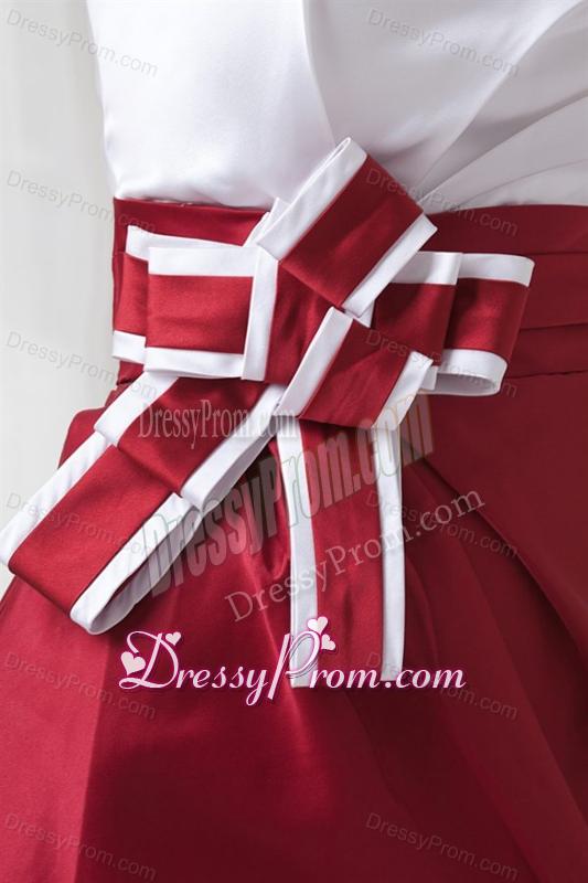 Column Strapless Red and White Mini-length Ruching Prom Dress
