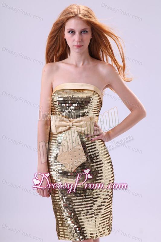 Column Strapless Sequins Prom Dress with Bowknot