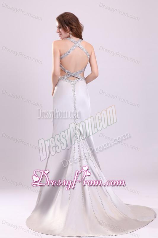 Column Straps Beading Satin Brush Train Gray Prom Dress