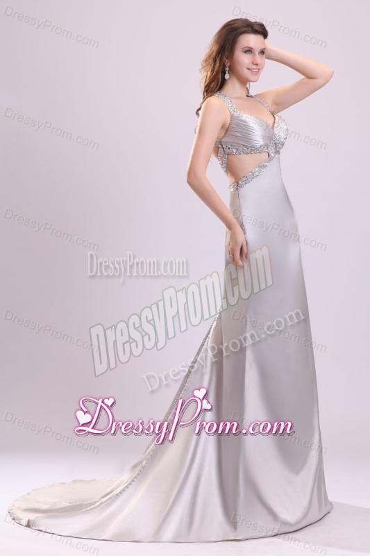 Column Straps Beading Satin Brush Train Gray Prom Dress