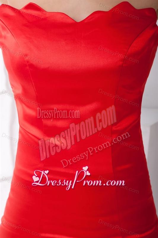 Column Sweetheart Red Brush Train Ruching Prom Dress