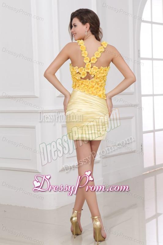 Column V-neck Ruching and Hand Made Flowers Mini-length Criss Cross Prom Dress