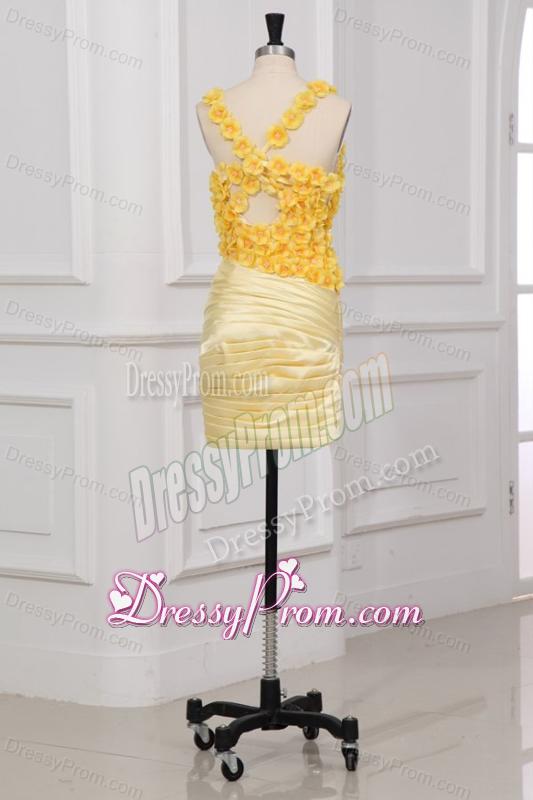 Column V-neck Ruching and Hand Made Flowers Mini-length Criss Cross Prom Dress