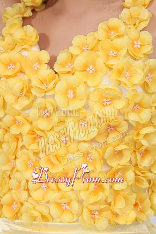 Column V-neck Ruching and Hand Made Flowers Mini-length Criss Cross Prom Dress