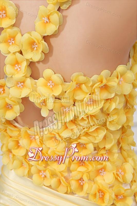 Column V-neck Ruching and Hand Made Flowers Mini-length Criss Cross Prom Dress