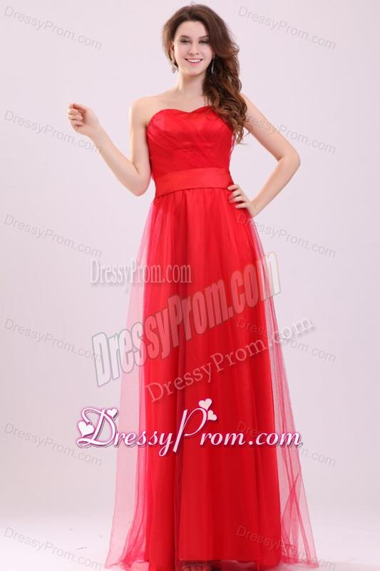 Cute Empire Sweetheart Red Floor-length Tulle Prom Dress with Ruching