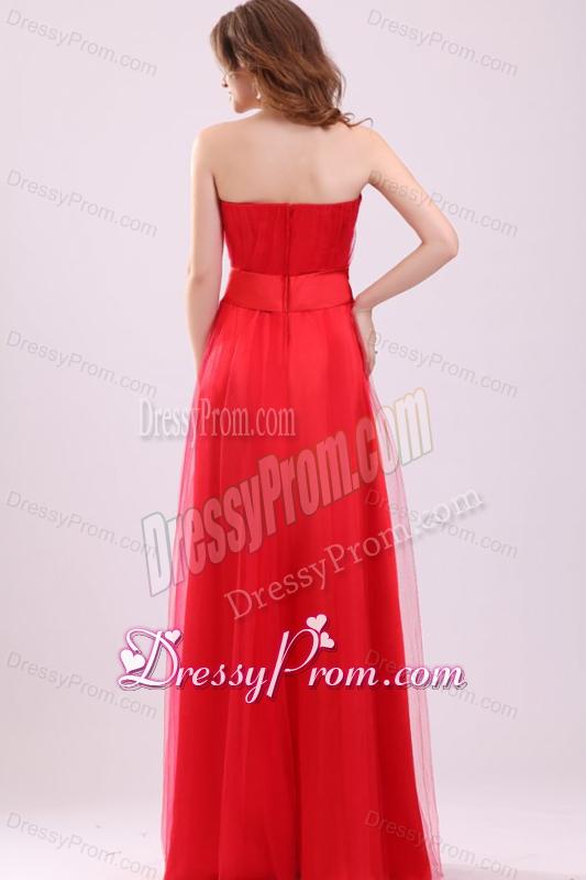 Cute Empire Sweetheart Red Floor-length Tulle Prom Dress with Ruching