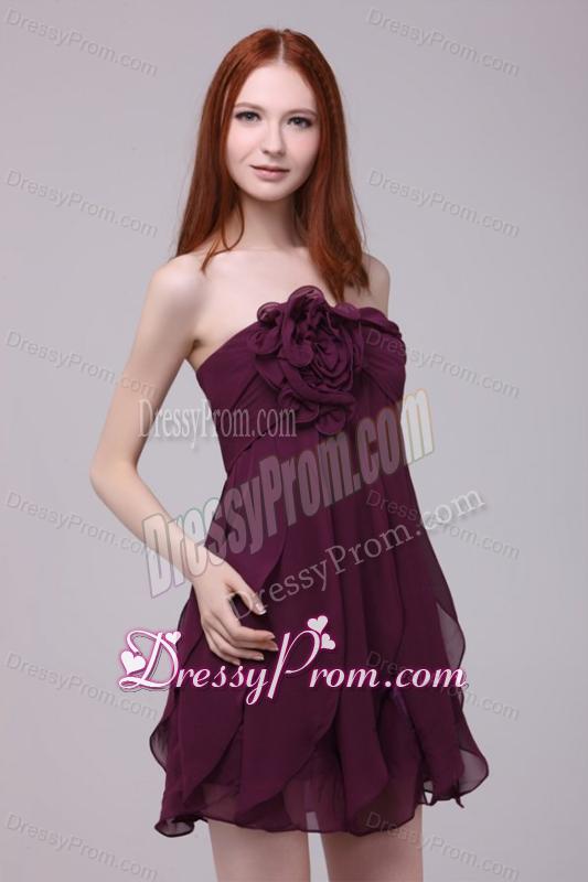 Drak Purple Strapless Hand Made Flower Short Prom Dress