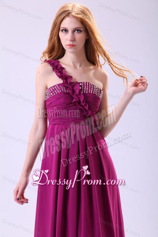 Empire One Shoulder Ankle-length Chiffon Purple Beading Prom Dress