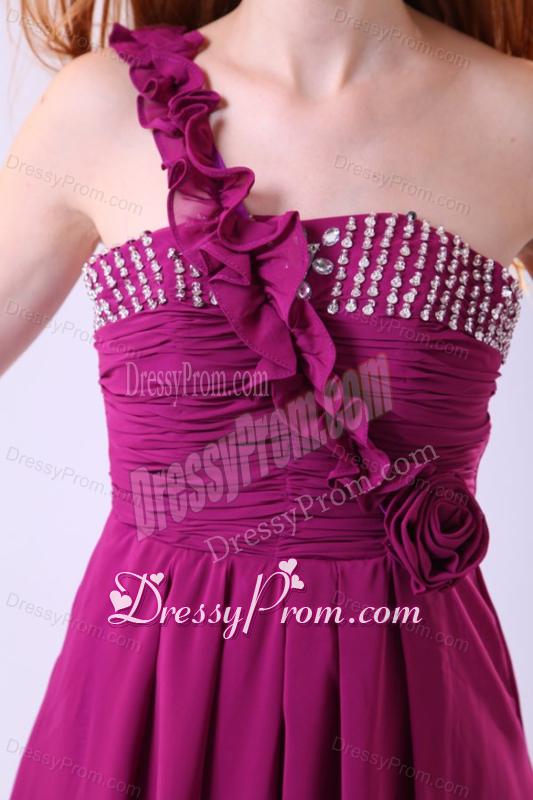 Empire One Shoulder Ankle-length Chiffon Purple Beading Prom Dress