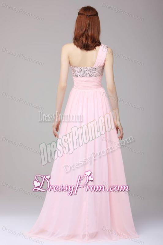 Empire One Shoulder Chiffon Beading Brush Train Prom Dress in Baby Pink