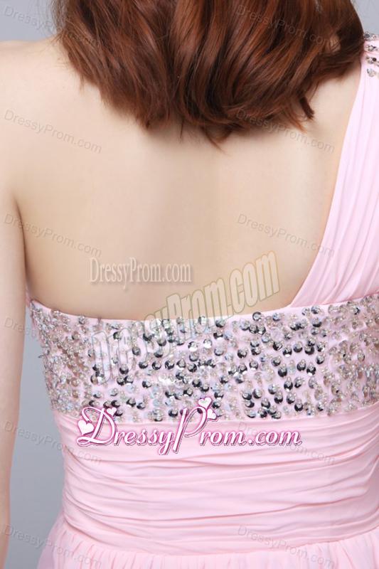 Empire One Shoulder Chiffon Beading Brush Train Prom Dress in Baby Pink
