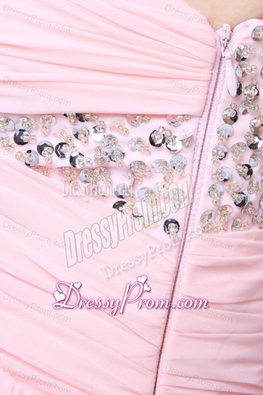 Empire One Shoulder Chiffon Beading Brush Train Prom Dress in Baby Pink