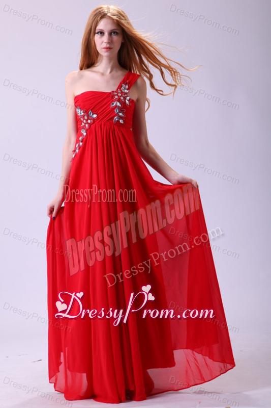 Empire One Shoulder Chiffon Red Prom Dress Beading Floor-length