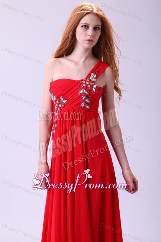 Empire One Shoulder Chiffon Red Prom Dress Beading Floor-length
