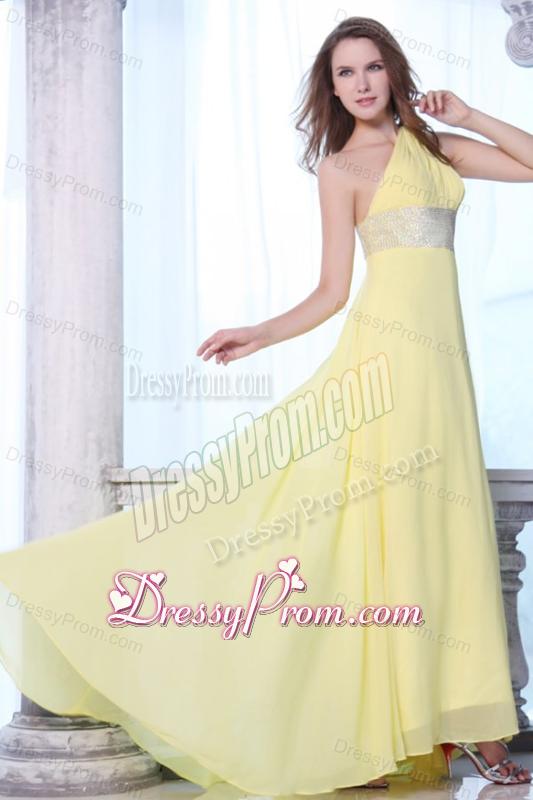 Empire One Shoulder Yellow Chiffon Beaded Decorate Waist Prom Dress