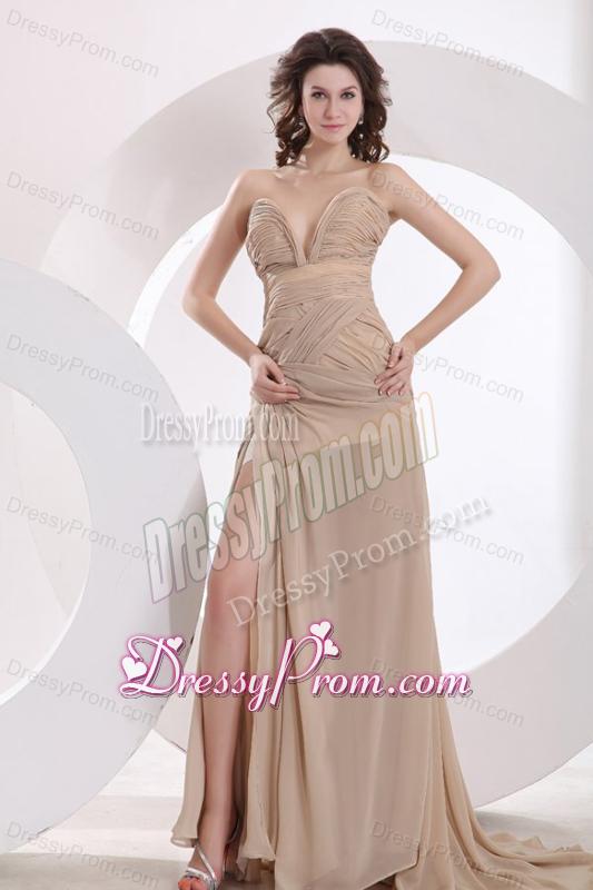 Empire Sweetheart Champagne Ruching Chiffon Brush Train Prom Dress