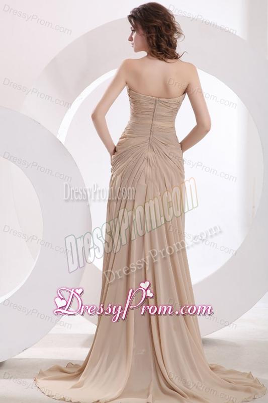 Empire Sweetheart Champagne Ruching Chiffon Brush Train Prom Dress