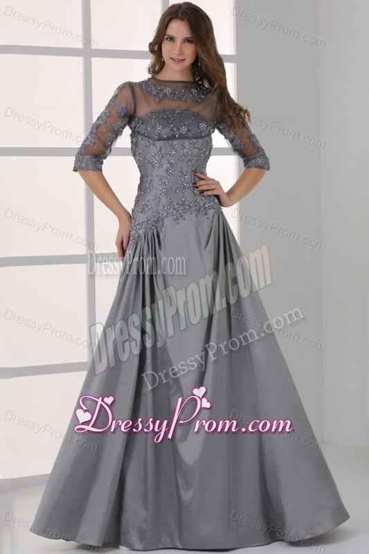 Grey A-line Scoop Half Sleeves Prom Dress with Appliques and Beading