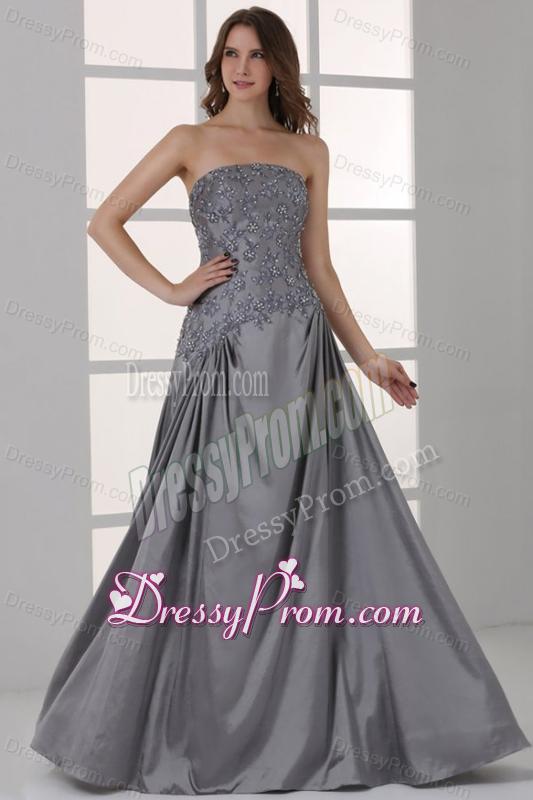 Grey A-line Scoop Half Sleeves Prom Dress with Appliques and Beading