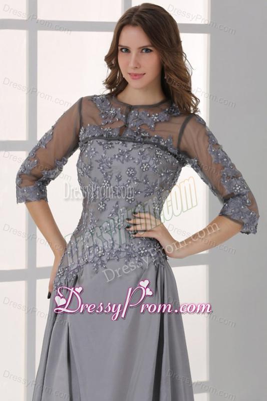 Grey A-line Scoop Half Sleeves Prom Dress with Appliques and Beading