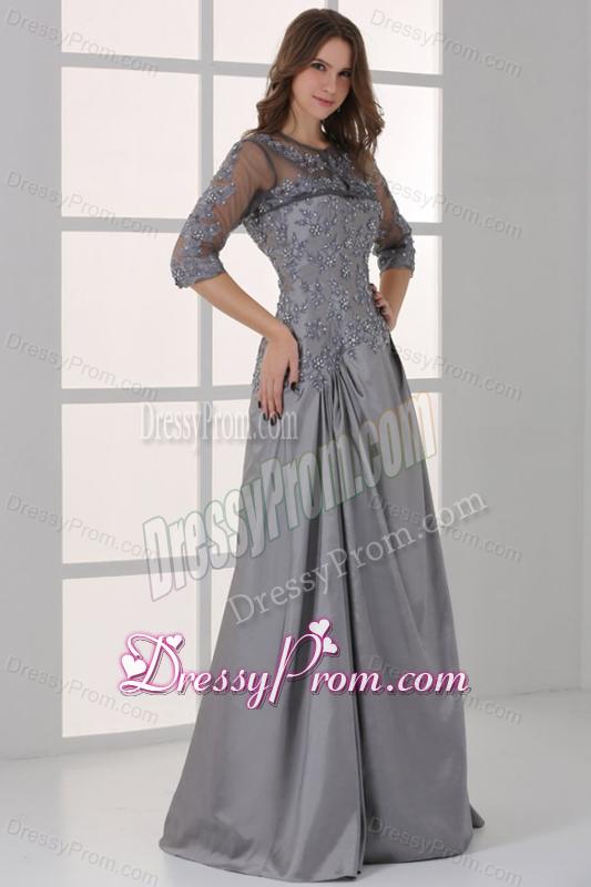 Grey A-line Scoop Half Sleeves Prom Dress with Appliques and Beading