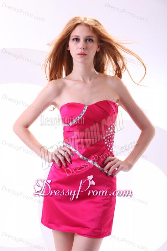 Hot Pink Column Sweetheart Prom Dress with Beading and Ruching