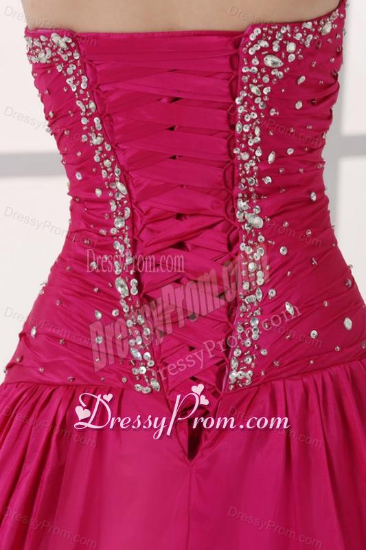 Hot Pink Sweetheart A-line Beaded Decorate Prom Dress in Long