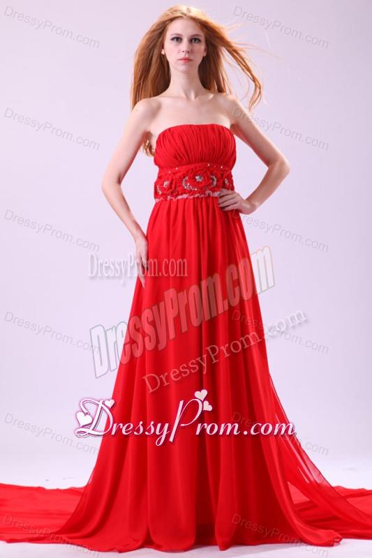 Informal Empire Strapless Chiffon Hand Made Flowers Brush Train Red Prom Dress
