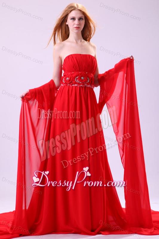 Informal Empire Strapless Chiffon Hand Made Flowers Brush Train Red Prom Dress