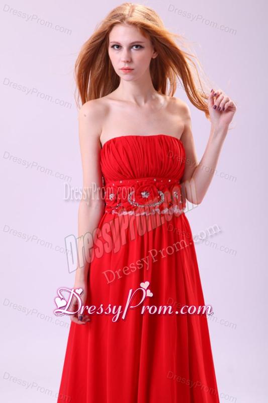 Informal Empire Strapless Chiffon Hand Made Flowers Brush Train Red Prom Dress