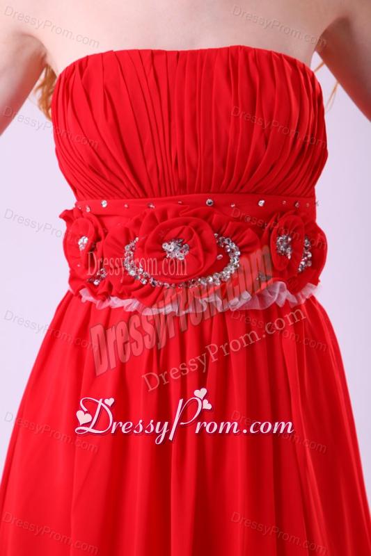 Informal Empire Strapless Chiffon Hand Made Flowers Brush Train Red Prom Dress