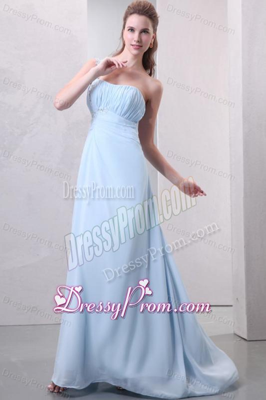 Light Blue One Shoulder Empire Chiffon Prom Dress with Appliques