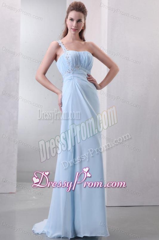 Light Blue One Shoulder Empire Chiffon Prom Dress with Appliques
