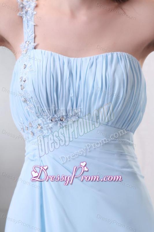 Light Blue One Shoulder Empire Chiffon Prom Dress with Appliques