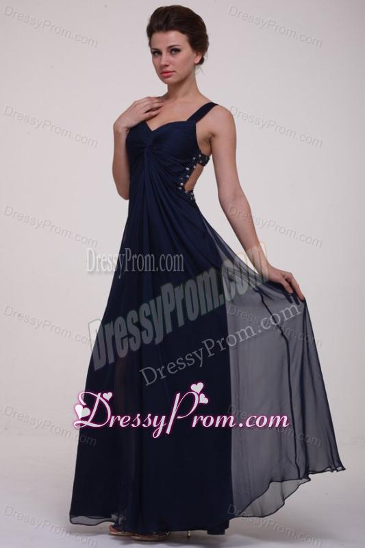 Navy Blue Empire Straps Prom Dress with Beading and Ruching