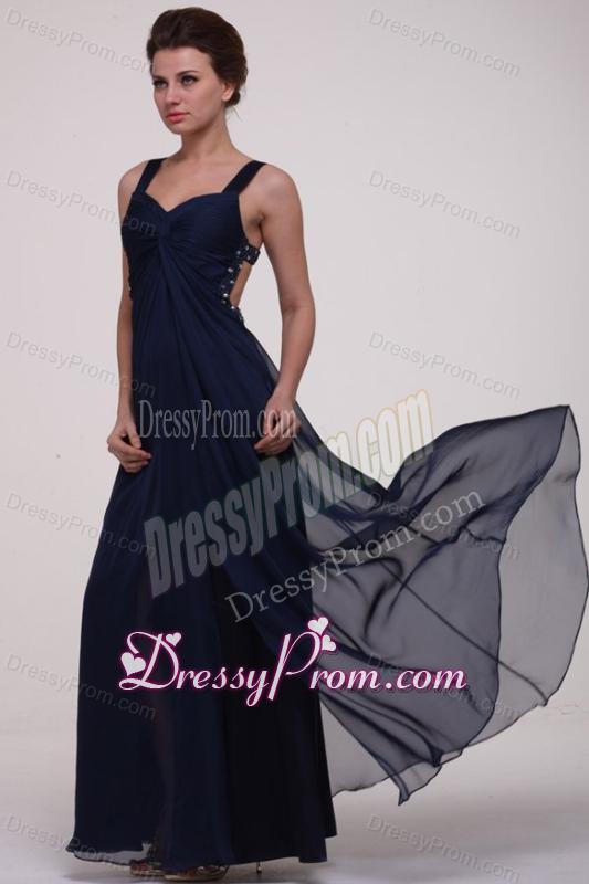 Navy Blue Empire Straps Prom Dress with Beading and Ruching