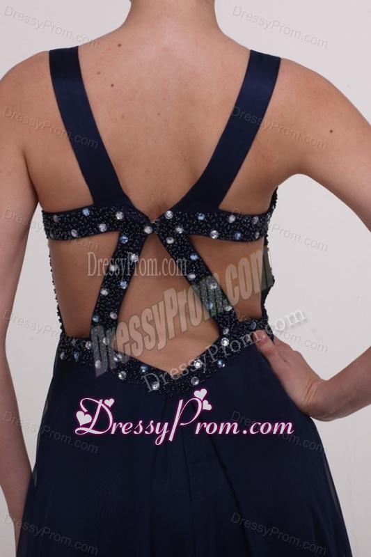 Navy Blue Empire Straps Prom Dress with Beading and Ruching