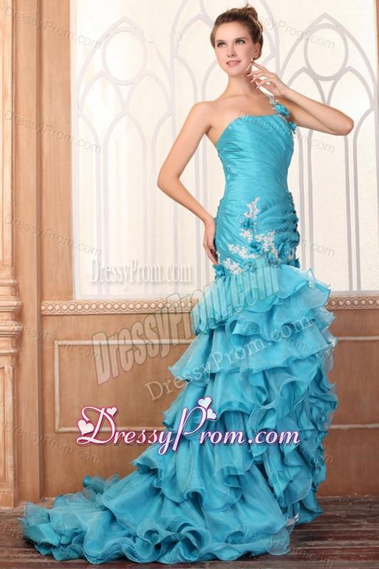 One Shoulder Appliques and Ruffles Layered Column Prom Dress in Teal