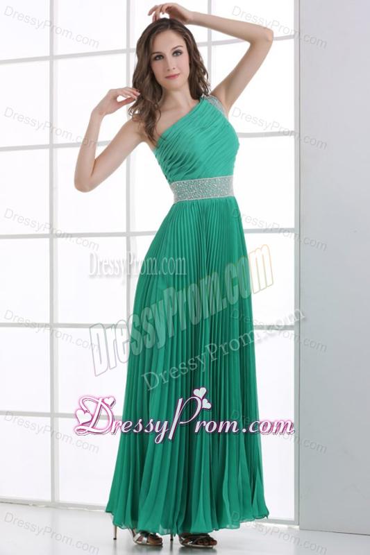 One Shoulder Green Empire Ankle-length Beading and Pleats Prom Dress